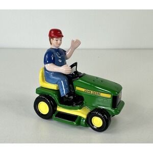 Vintage John Deere Lawnmower Ceramic Salt and Pepper Shaker Man On Mower 1999